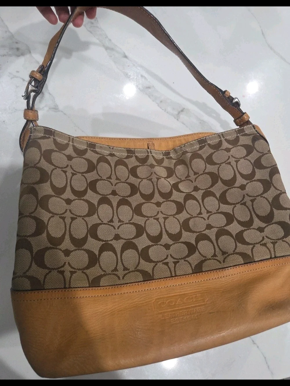 Coach Brown Signature Canvas Shoulder Bag with Tan Leather Trim